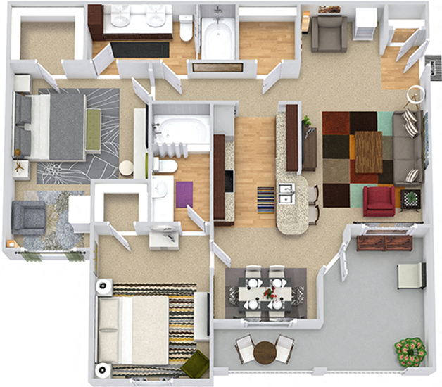 Floor plan for 2 beds, 2 baths, 1157 sqft